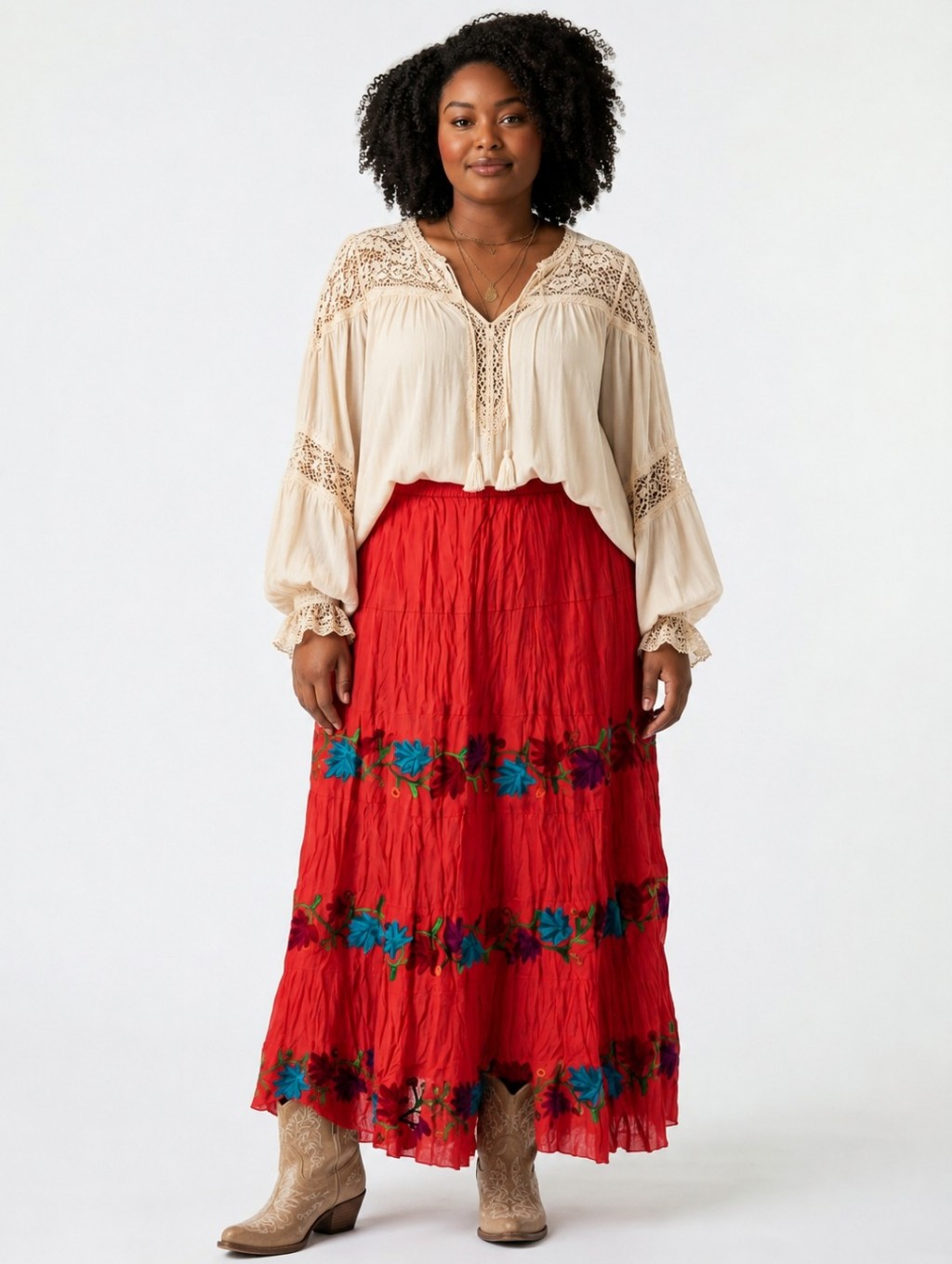 Double D Ranch Red Tiered Maxi Skirt With Floral Embroidery | Size 1x